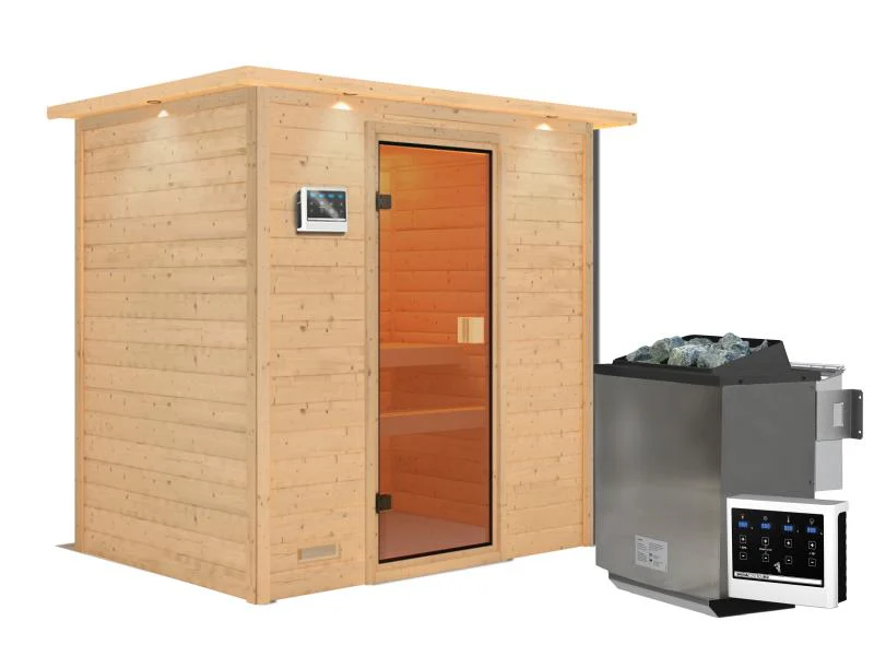 Karibu Sauna Selena inkl. 9 kW Bioofen ext. Steuerung mit klassischer Saunatür -mit Dachkranz- - Image 2