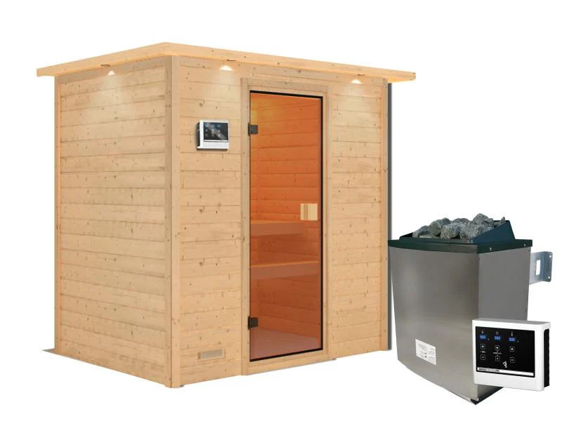 Karibu Sauna Selena inkl. 9 kW Ofen ext. Steuerung mit klassischer Saunatür -mit Dachkranz- - Image 2