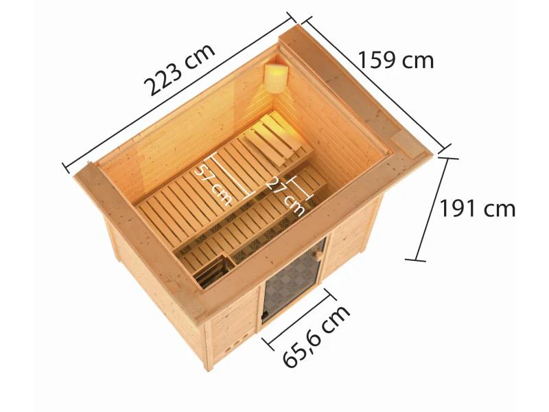 Karibu Sauna Selena inkl. 9 kW Ofen integr. Steuerung mit klassischer Saunatür -mit Dachkranz- - Image 3