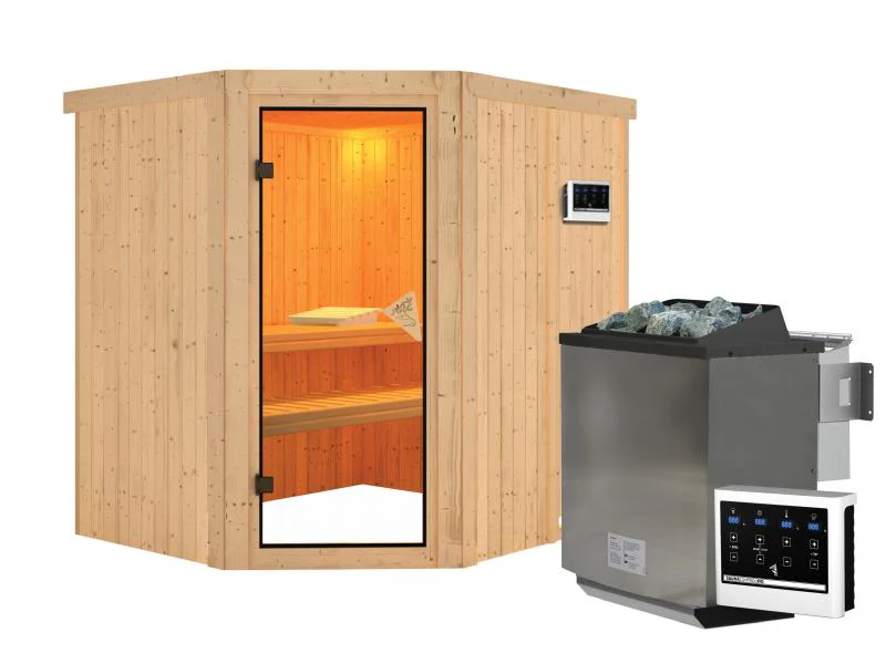 Karibu Sauna Siirin inkl. 9 kW Bioofen ext. Steuerung mit klassischer Saunatür - ohne Dachkranz - - Image 2