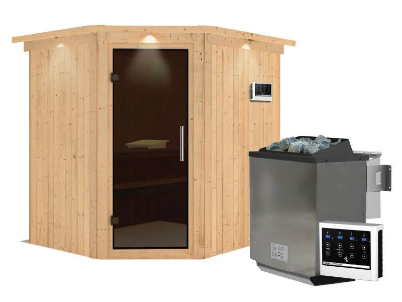 Karibu Sauna Siirin inkl. 9 kW Bioofen ext. Steuerung mit moderner Saunatür -mit Dachkranz- - Image 2