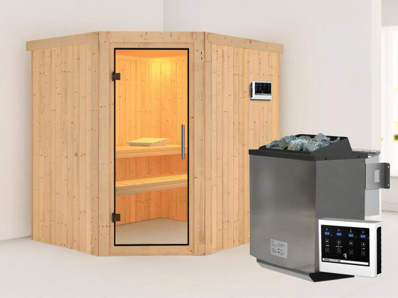 Karibu Sauna Siirin inkl. 9 kW Bioofen mit ext. Steuerung mit Klarglas Ganzglastür -ohne Dachkranz-