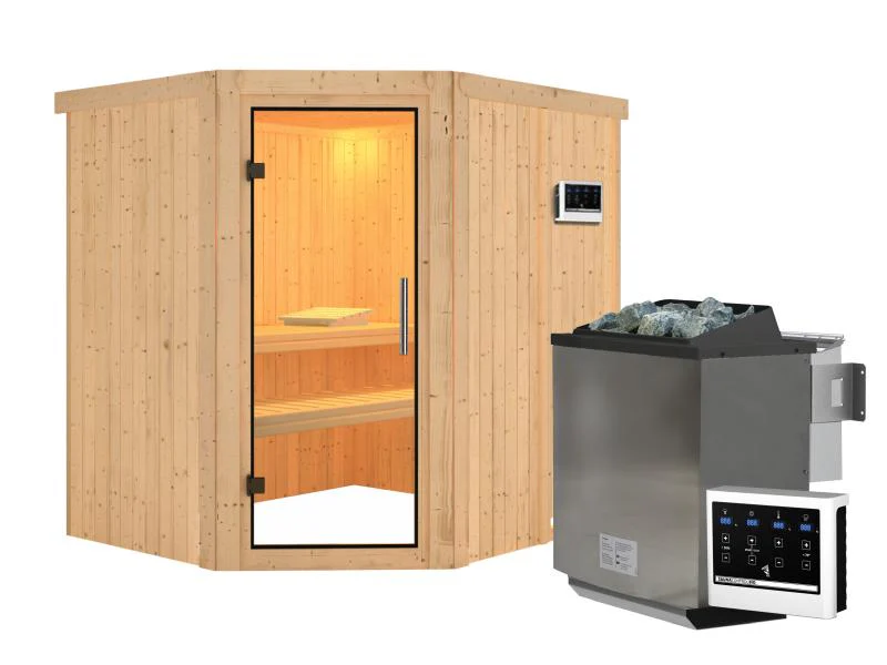 Karibu Sauna Siirin inkl. 9 kW Bioofen mit ext. Steuerung mit Klarglas Ganzglastür -ohne Dachkranz- - Image 2