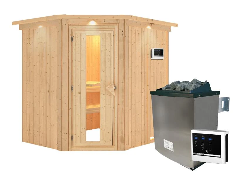 Karibu Sauna Siirin inkl. 9 kW Ofen ext. Steuerung mit energiesparender Saunatür - mit Dachkranz - - Image 2