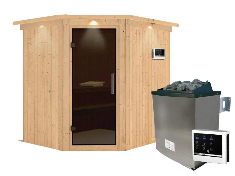 Karibu Sauna Siirin inkl. 9 kW Ofen ext. Steuerung mit moderner Saunatür -mit Dachkranz- - Image 2