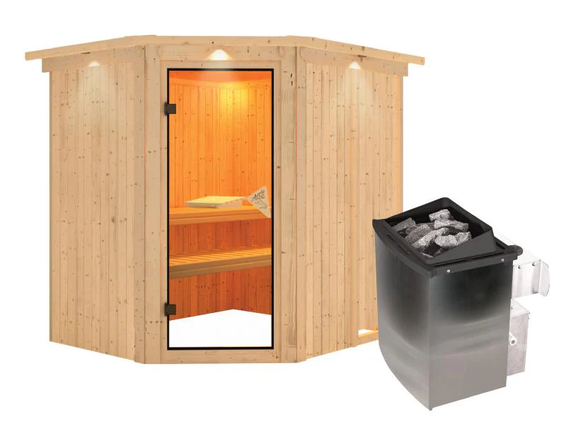 Karibu Sauna Siirin inkl. 9 kW Ofen integr. Steuerung mit klassischer Saunatür - mit Dachkranz - - Image 2