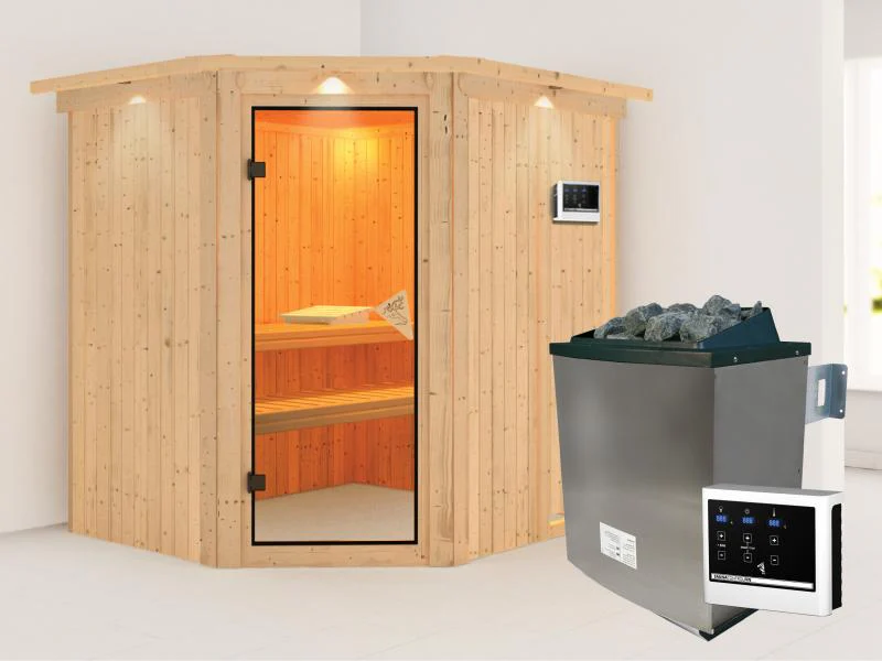 Karibu Sauna Siirin inkl. 9 kW Ofen ext. Steuerung mit klassischer Saunatür - mit Dachkranz -