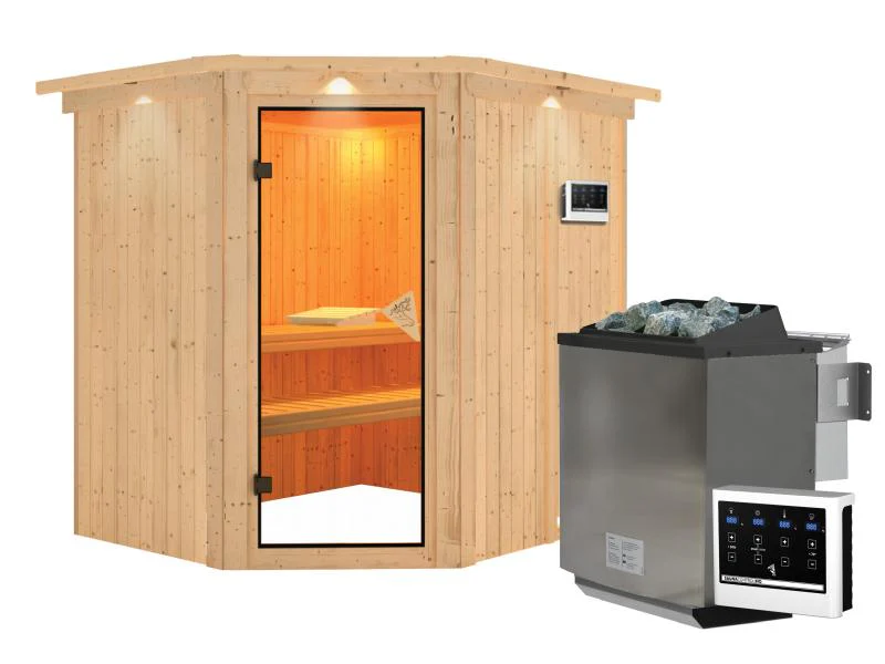 Karibu Sauna Siirin inkl. 9kW Bioofen ext. Steuerung mit klassischer Saunatür - mit Dachkranz - - Image 2
