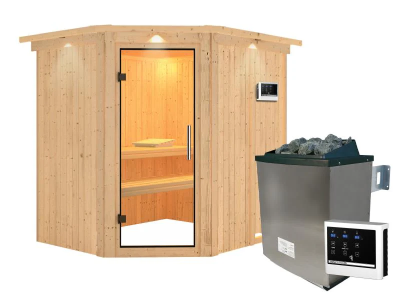 Karibu Sauna Siirin inkl. 9kW Ofen mit ext. Steuerung mit Klarglas Ganzglastür -mit Dachkranz- - Image 2