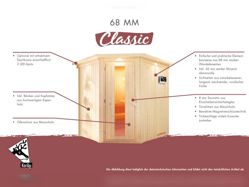 Karibu Sauna Siirin inkl. 9kW Ofen mit int. Steuerung mit Klarglas Ganzglastür -mit Dachkranz- - Image 9