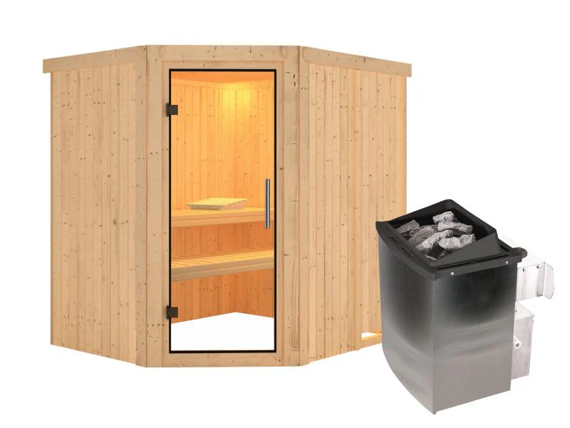 Karibu Sauna Siirin inkl. 9kW Ofen mit integr. Steuerung mit Klarglas Ganzglastür -ohne Dachkranz- - Image 2