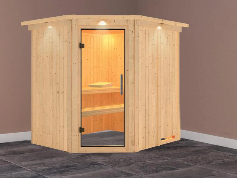 Karibu Sauna Siirin ohne Ofen, mit Dachkranz, mit Klarglas Ganzglastür - Image 2