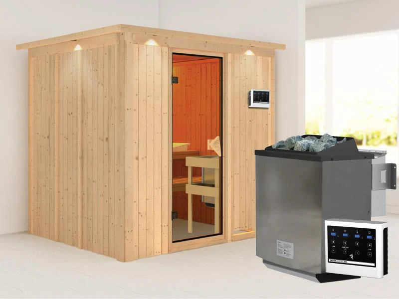 Karibu Sauna Sodin inkl. 9 kW Bioofen ext. Steuerung mit bronzierter Ganzglastür - mit Dachkranz -