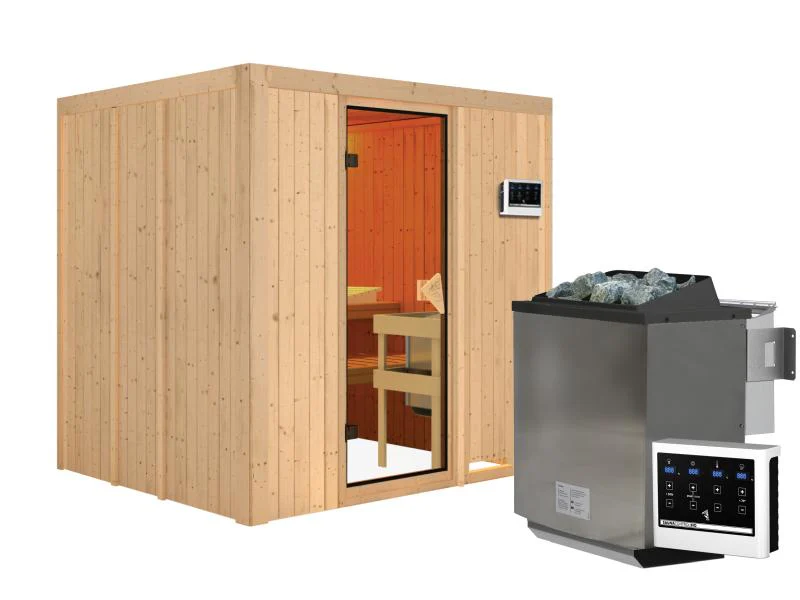 Karibu Sauna Sodin inkl. 9 kW Bioofen ext. Steuerung mit bronzierter Ganzglastür - ohne Dachkranz - - Image 4