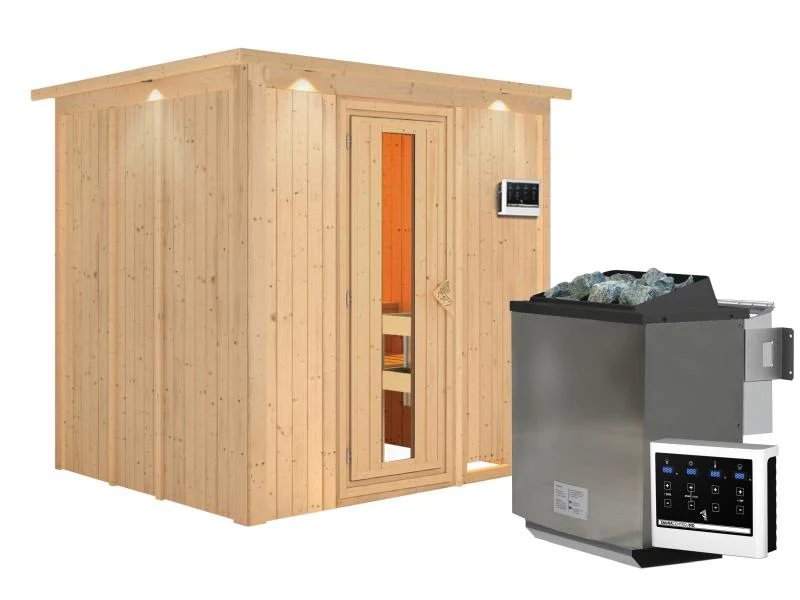 Karibu Sauna Sodin inkl. 9 kW Bioofen ext. Steuerung mit energiesparender Saunatür - mit Dachkranz - - Image 4