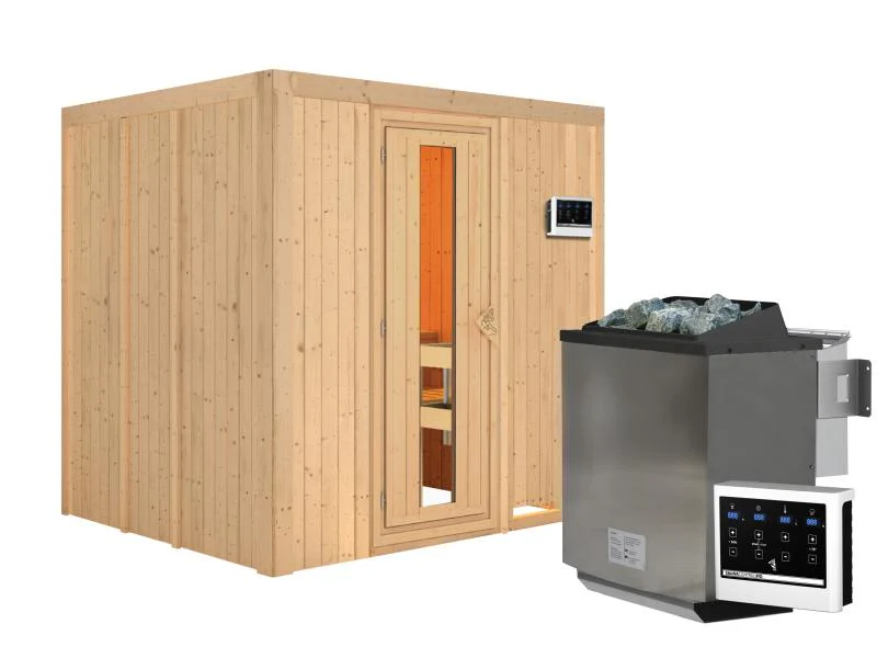 Karibu Sauna Sodin inkl. 9 kW Bioofen ext. Steuerung mit energiesparender Saunatür - ohne Dachkranz - Image 4