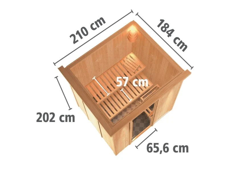 Karibu Sauna Sodin inkl. 9 kW Bioofen ext. Steuerung mit Klarglas Ganzglastür - mit Dachkranz - - Image 2