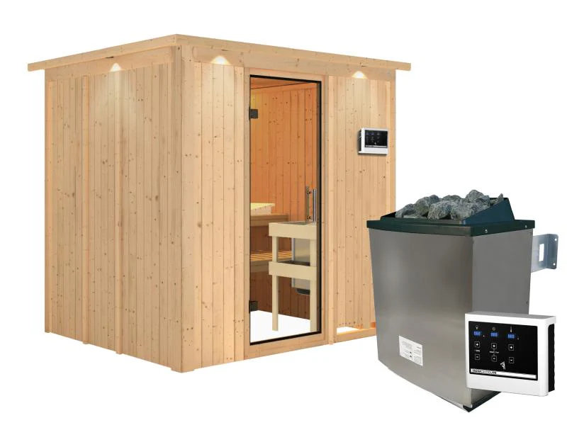 Karibu Sauna Sodin inkl. 9 kW Bioofen ext. Steuerung mit Klarglas Ganzglastür - mit Dachkranz - - Image 4