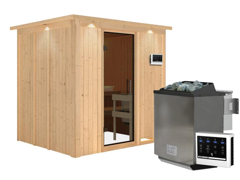 Karibu Sauna Sodin inkl. 9 kW Bioofen ext. Steuerung mit moderner Saunatür - mit Dachkranz - - Image 4