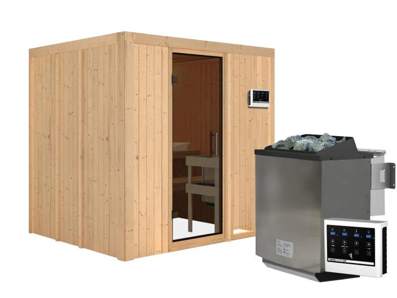 Karibu Sauna Sodin inkl. 9 kW Bioofen ext. Steuerung mit moderner Saunatür - ohne Dachkranz - - Image 4