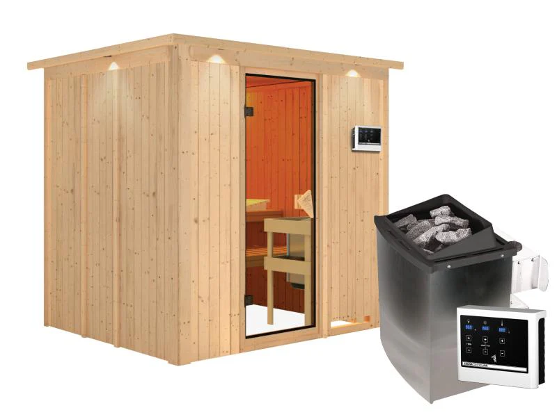 Karibu Sauna Sodin inkl. 9 kW Ofen ext. Steuerung mit bronzierter Ganzglastür - mit Dachkranz - - Image 4
