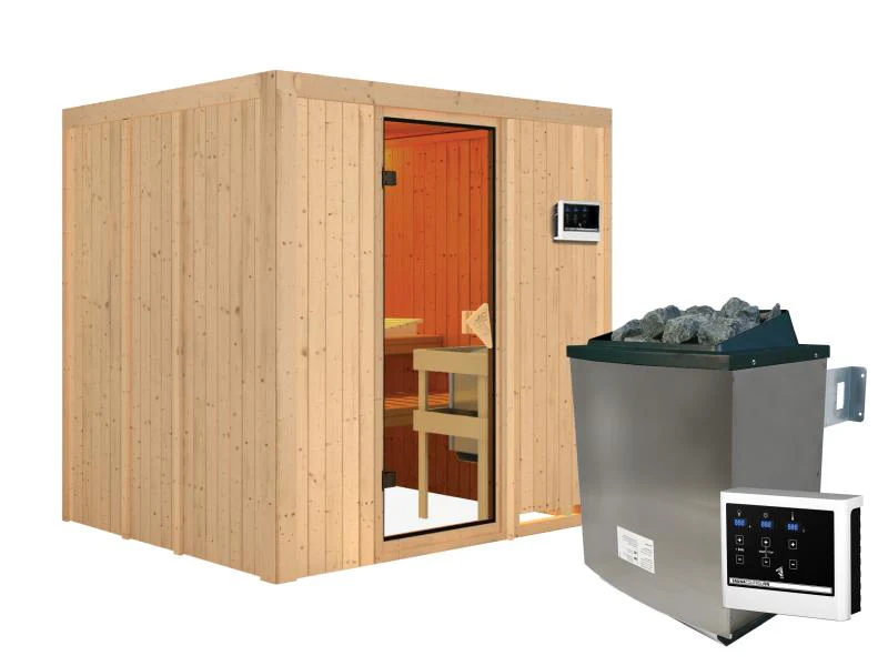 Karibu Sauna Sodin inkl. 9 kW Ofen ext. Steuerung mit bronzierter Ganzglastür - ohne Dachkranz - - Image 4