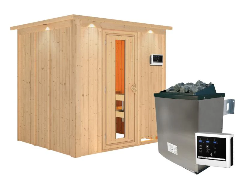 Karibu Sauna Sodin inkl. 9 kW Ofen ext. Steuerung mit energiesparender Saunatür - mit Dachkranz - - Image 5