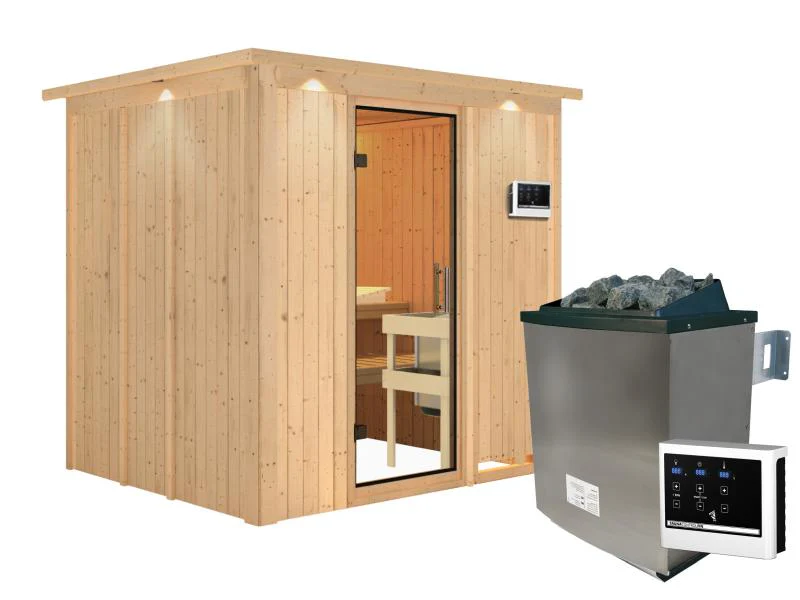 Karibu Sauna Sodin inkl. 9 kW Ofen ext. Steuerung mit Klarglas Ganzglastür - mit Dachkranz - - Image 4