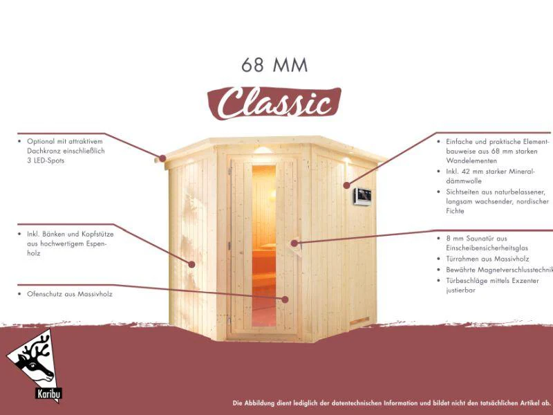 Karibu Sauna Sodin inkl. 9 kW Ofen ext. Steuerung mit Klarglas Ganzglastür - ohne Dachkranz - - Image 3