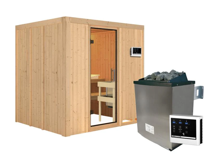 Karibu Sauna Sodin inkl. 9 kW Ofen ext. Steuerung mit Klarglas Ganzglastür - ohne Dachkranz - - Image 4