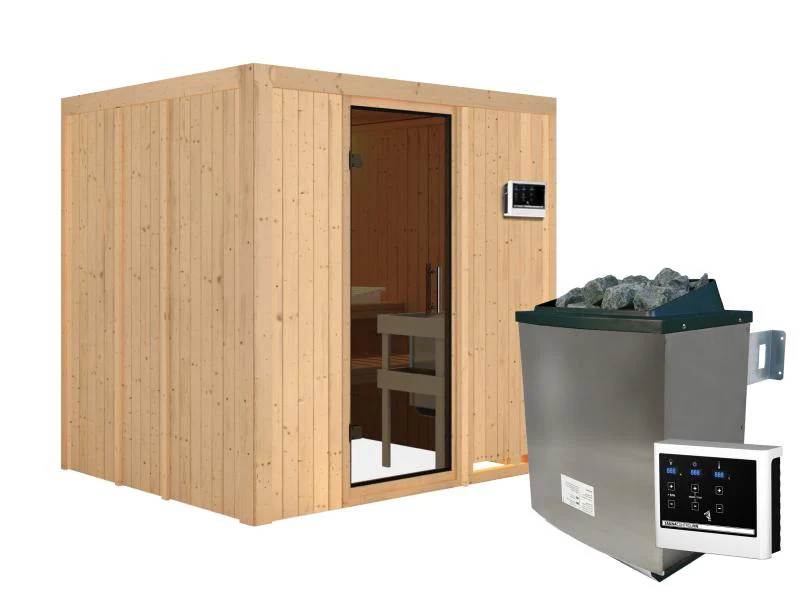 Karibu Sauna Sodin inkl. 9 kW Ofen ext. Steuerung mit moderner Saunatür - ohne Dachkranz - - Image 4