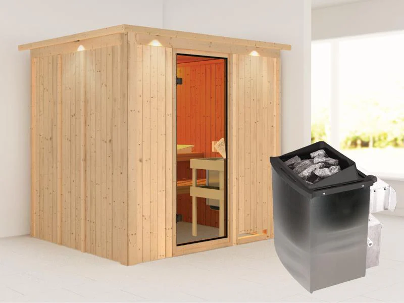 Karibu Sauna Sodin inkl. 9 kW Ofen integr. Steuerung mit bronzierter Ganzglastür - mit Dachkranz -