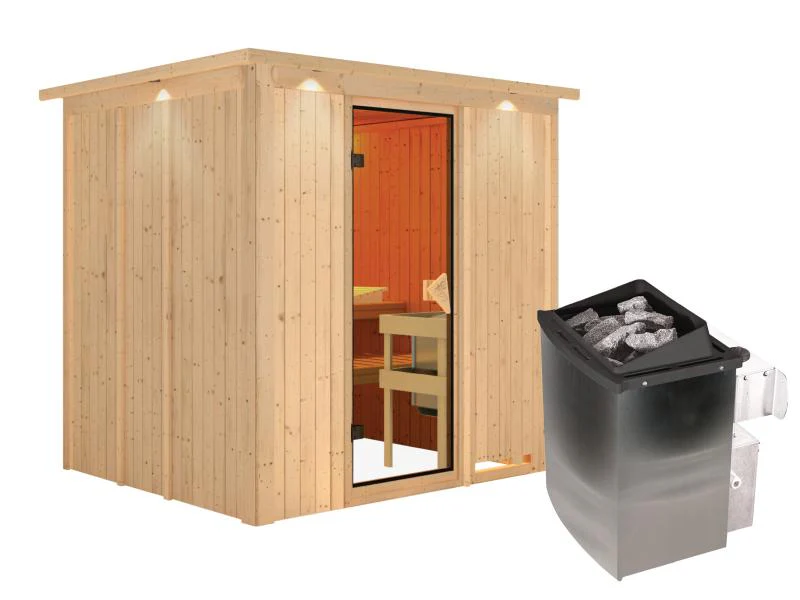 Karibu Sauna Sodin inkl. 9 kW Ofen integr. Steuerung mit bronzierter Ganzglastür - mit Dachkranz - - Image 4