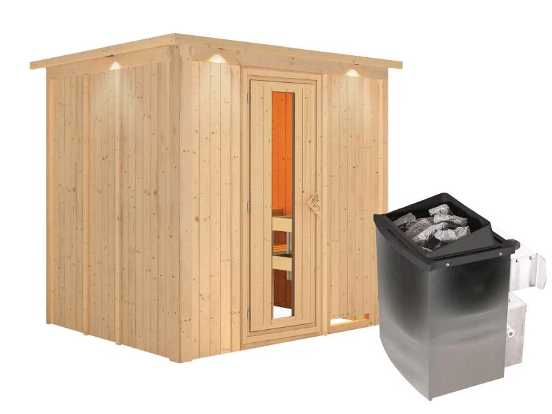 Karibu Sauna Sodin inkl. 9 kW Ofen integr. Steuerung mit energiesparender Saunatür - mit Dachkranz - - Image 4