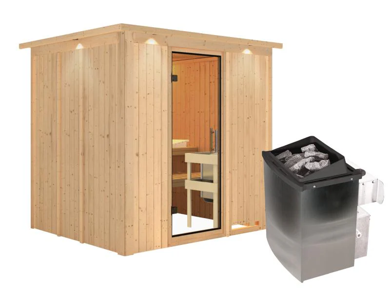 Karibu Sauna Sodin inkl. 9 kW Ofen integr. Steuerung mit Klarglas Ganzglastür - mit Dachkranz - - Image 4