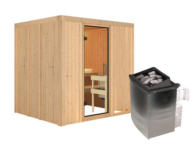 Karibu Sauna Sodin inkl. 9 kW Ofen integr. Steuerung mit Klarglas Ganzglastür - ohne Dachkranz - - Image 4