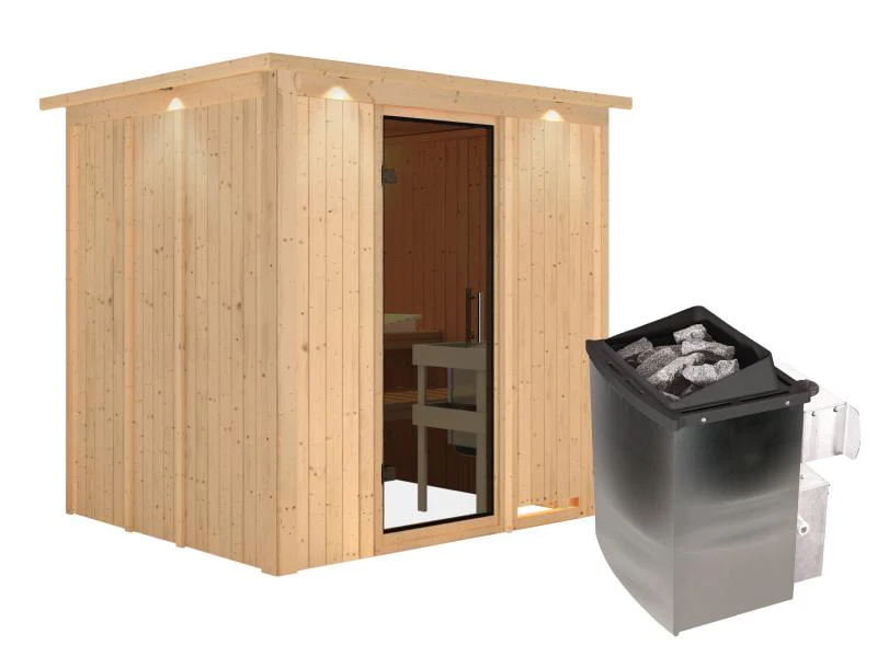 Karibu Sauna Sodin inkl. 9 kW Ofen integr. Steuerung mit moderner Saunatür - mit Dachkranz - - Image 3