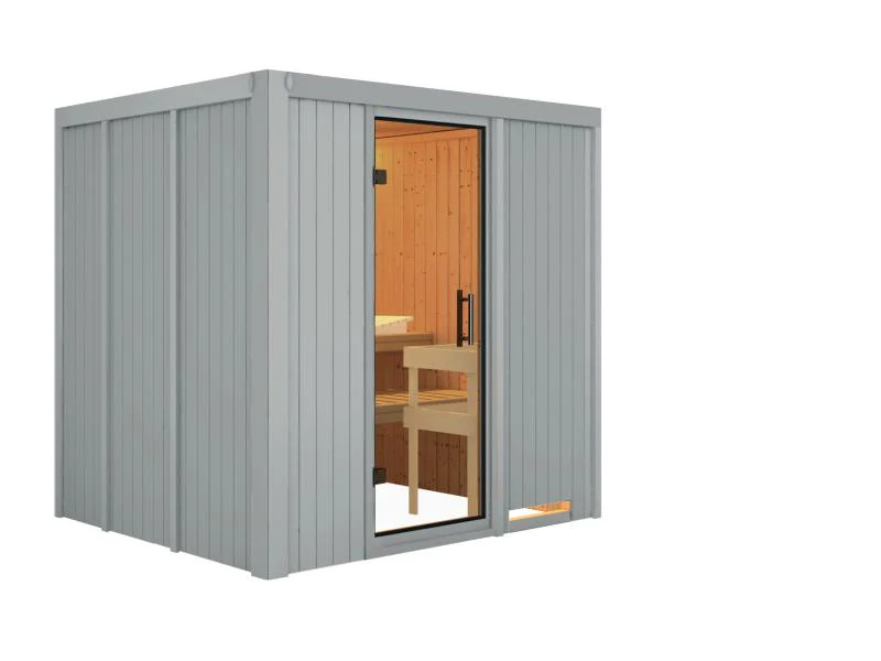 Karibu Sauna Sodin ohne Ofen in lichtgrau, ohne Dachkranz, mit Klarglas Ganzglastür - Image 2