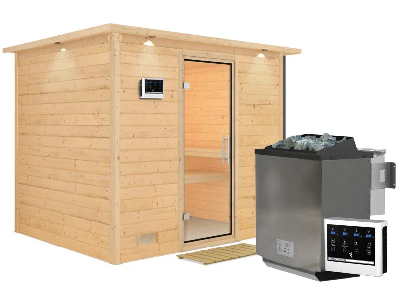 Karibu Sauna Sonara inkl. 9 kW Bio Ofen mit ext. Steuerung, mit Dachkranz, mit Klarglas Ganzglastür - Image 2