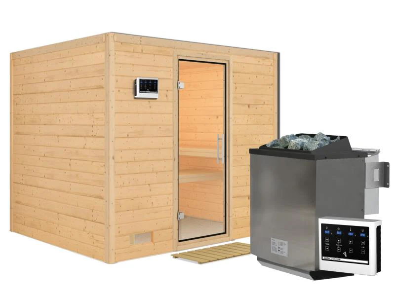 Karibu Sauna Sonara inkl. 9 kW Bio Ofen mit ext. Steuerung, ohne Dachkranz, mit Klarglas Ganzglastür - Image 2