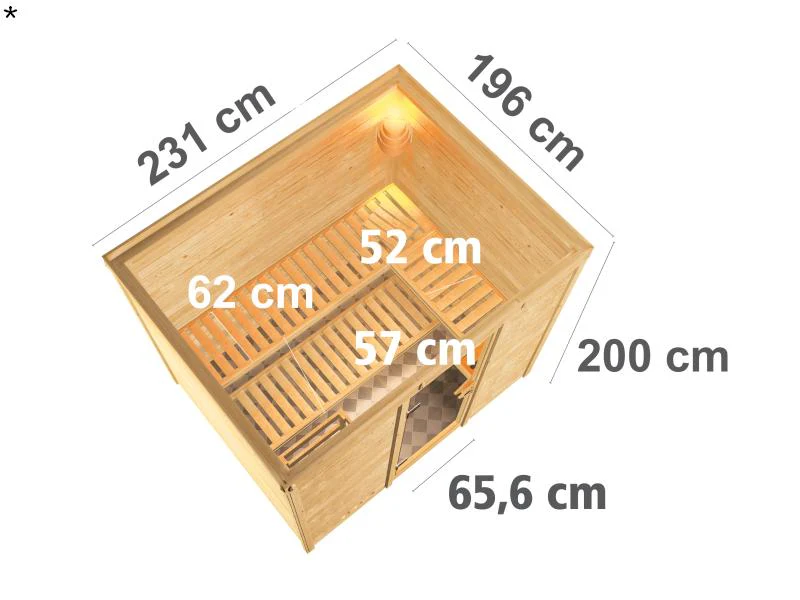 Karibu Sauna Sonara inkl. 9-kW-Bioofen mit externer Steuerung, ohne Dachkranz, mit moderner Saunatür - Image 3