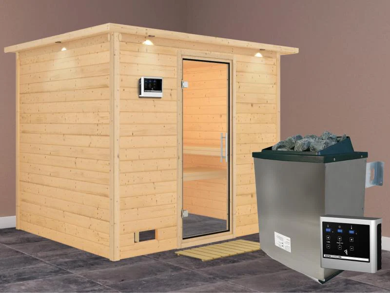 Karibu Sauna Sonara inkl. 9 kW Ofen mit ext. Steuerung, mit Dachkranz, mit Klarglas Ganzglastür - Image 2