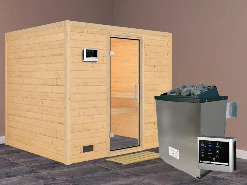Karibu Sauna Sonara inkl. 9 kW Ofen mit ext. Steuerung, ohne Dachkranz, mit Klarglas Ganzglastür - Image 2