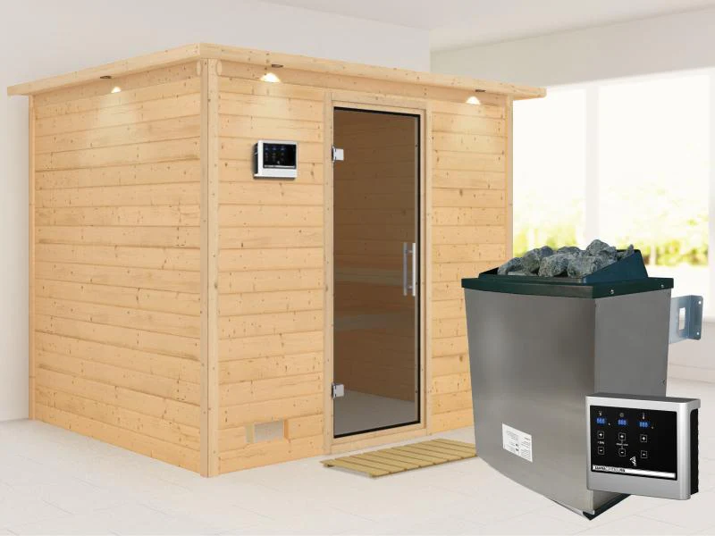 Karibu Sauna Sonara inkl. 9-kW-Ofen mit externer Steuerung, mit Dachkranz, mit moderner Saunatür