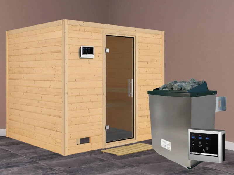 Karibu Sauna Sonara inkl. 9-kW-Ofen mit externer Steuerung, ohne Dachkranz, mit moderner Saunatür - Image 2