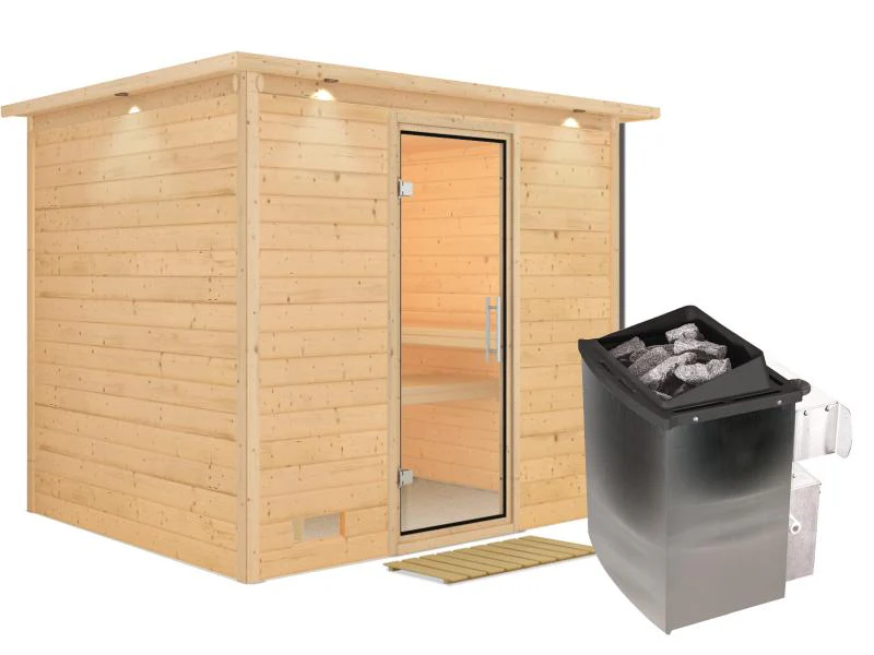Karibu Sauna Sonara inkl. 9 kW Ofen mit int. Steuerung, mit Dachkranz, mit Klarglas Ganzglastür - Image 2