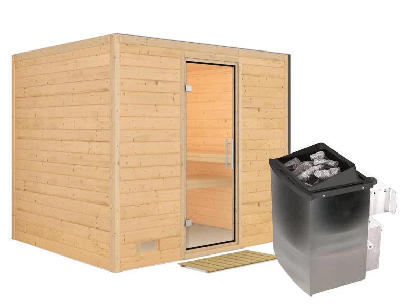 Karibu Sauna Sonara inkl. 9 kW Ofen mit int. Steuerung, ohne Dachkranz, mit Klarglas Ganzglastür - Image 2