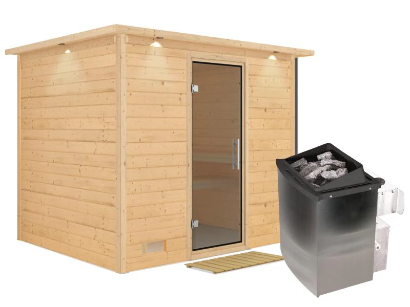 Karibu Sauna Sonara inkl. 9-kW-Ofen mit interner Steuerung, mit Dachkranz, mit moderner Saunatür - Image 2