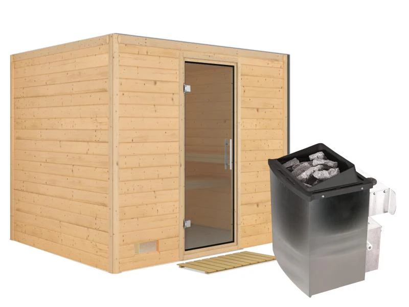Karibu Sauna Sonara inkl. 9-kW-Ofen mit interner Steuerung, ohne Dachkranz, mit moderner Saunatür - Image 2