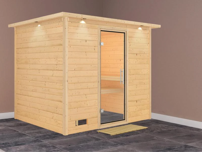 Karibu Sauna Sonara ohne Ofen, mit Dachkranz, mit Klarglas Ganzglastür - Image 2